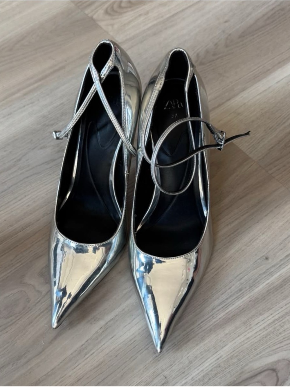 Others Follow Silver Pointed-Toe Ankle-Strap Heels
